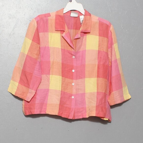 Vintage rayon blend pink yellow chunky plaid cropped sleeve button up - Picture 1 of 9